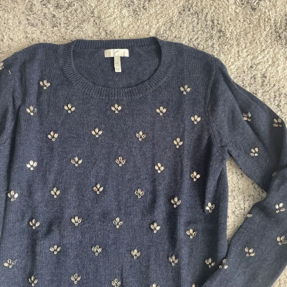 Joie Embellished Navy Blue Wool Cashmere Blend Sweater Size XS Holiday Sparkle
